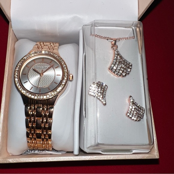 Ellen Tracy Watch, Necklace, Earring Set (NIBRose Gold-Toned)